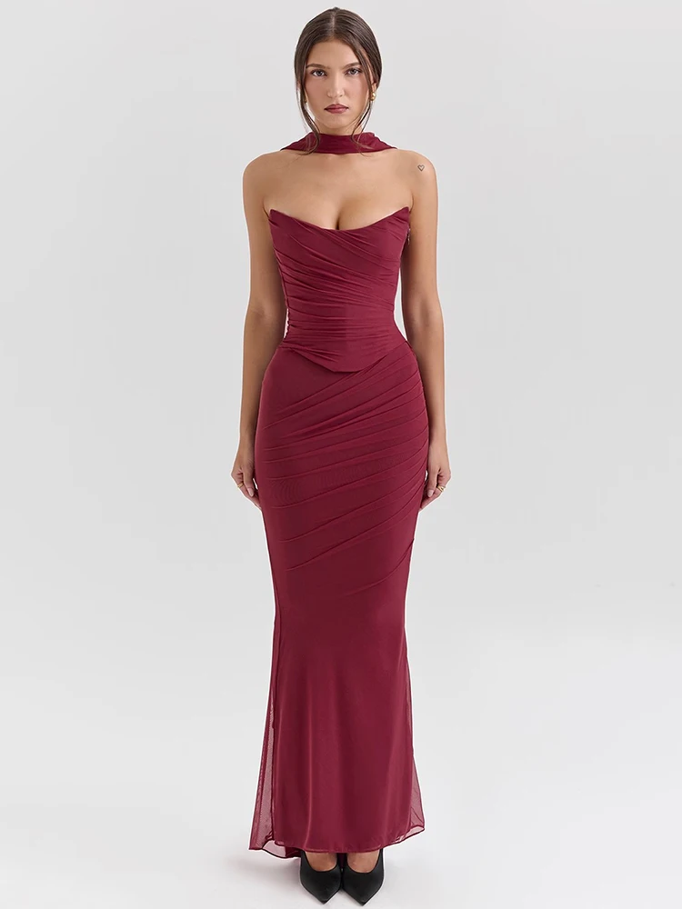 kf-Sfc2ea2352bba4e7e9fddb019ab495ce05 Burgundy Strapless Crop Top & Flowing Maxi Skirt Party Ensemble