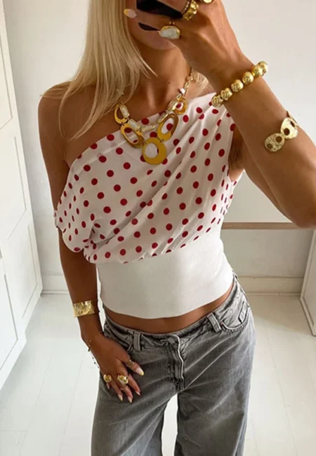 Trendy Off Shoulder Polka Dot Top - Cotton Blend Summer Tee