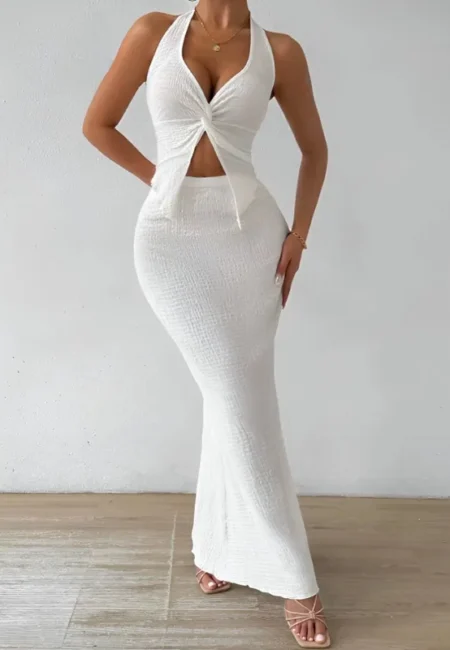 Stunning Backless Vest & Maxi Skirt Duo for Summer Elegance