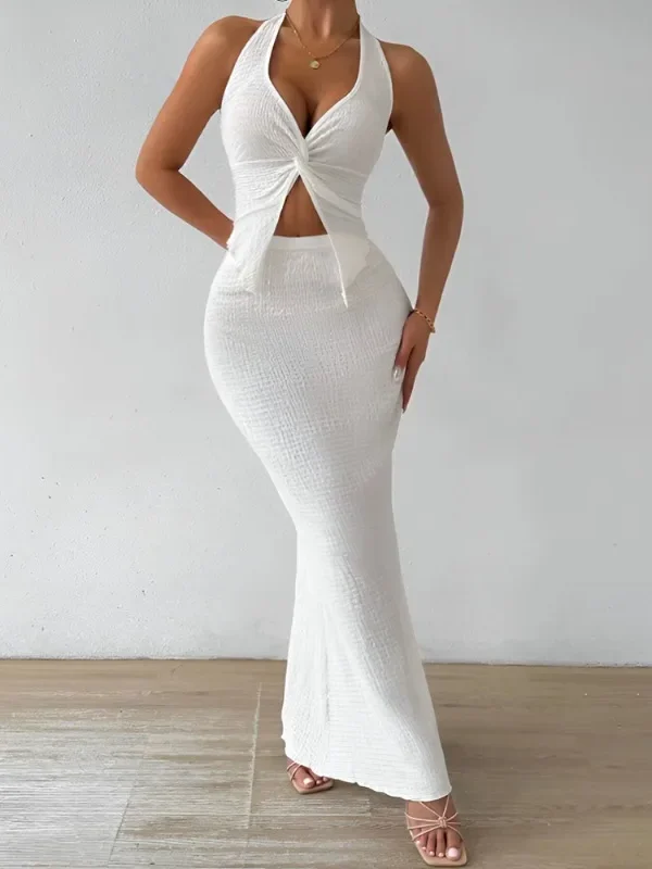 Chic Two-Piece Summer Set: Lace-Up Top & Long Skirt Elegance