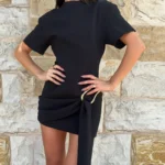 Chic Black Bandage Short Dress with Metal Buckle for Women - Image 2