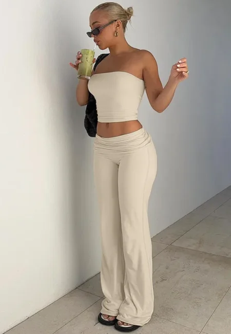 Luxe Fold Over Flared Pants Matching Set - Strapless Tube Top