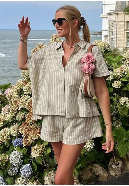 Luxe Striped Lace-Up Summer Shorts Suit - Relaxed Fit Ensemble