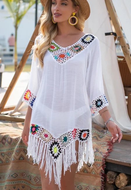 Elegant Crochet Bikini Cover-Up with Fringe Trim for Women