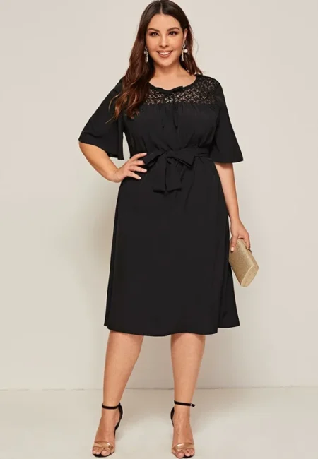 Elegant Lace Detail Office Lady Midi Dress with Flare Sleeves