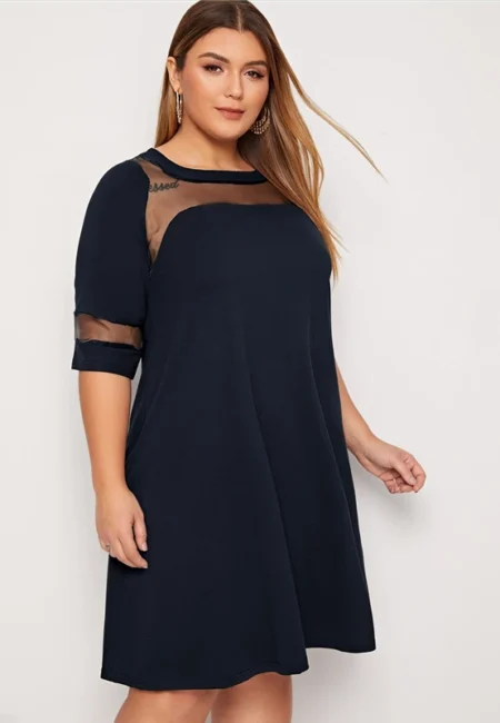 Elegant Plus Size Fit and Flare Dress with Mesh Sleeves