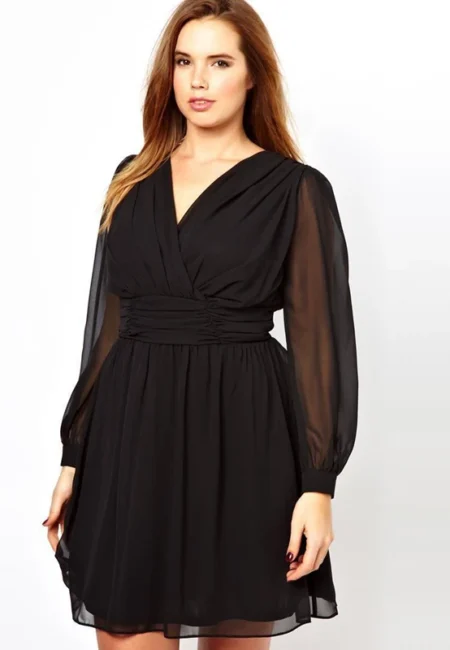 Elegant Plus Size Black A-Line Chiffon Dress with Lantern Sleeves