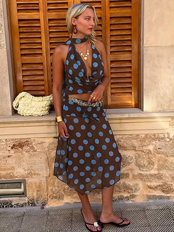 Elegant Polka Dot Skirt Suit with V-Neck Tank for Summer Style