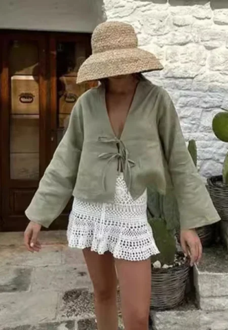 Luxe Green Linen V-Neck Bow Blouse - Spring Striped Top