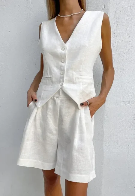 Breathable Cotton Linen V-Neck Vest & Shorts Summer Outfit
