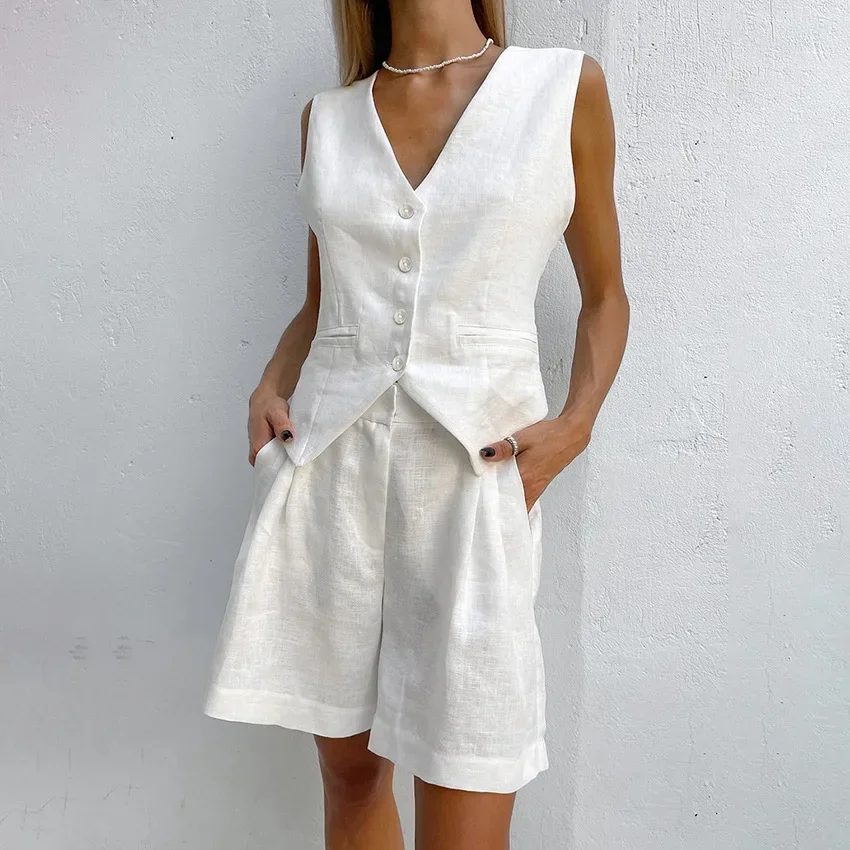 kf-S055dd41529394813a53b61630631bc96r-1 Breathable Cotton Linen V-Neck Vest & Shorts Summer Outfit