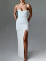 Elegant 3 D Flower Maxi Dress with Thigh Split for Parties - Image 6