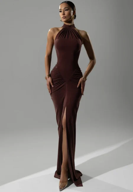 Elegant Halter Ruched Maxi Dress for Stunning Evening Looks