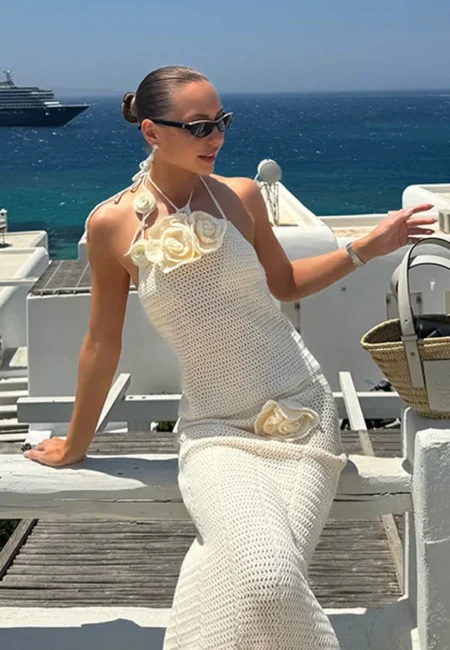 Yellow 3 D Floral Knit Beach Maxi Dress - Resort Cover-Up