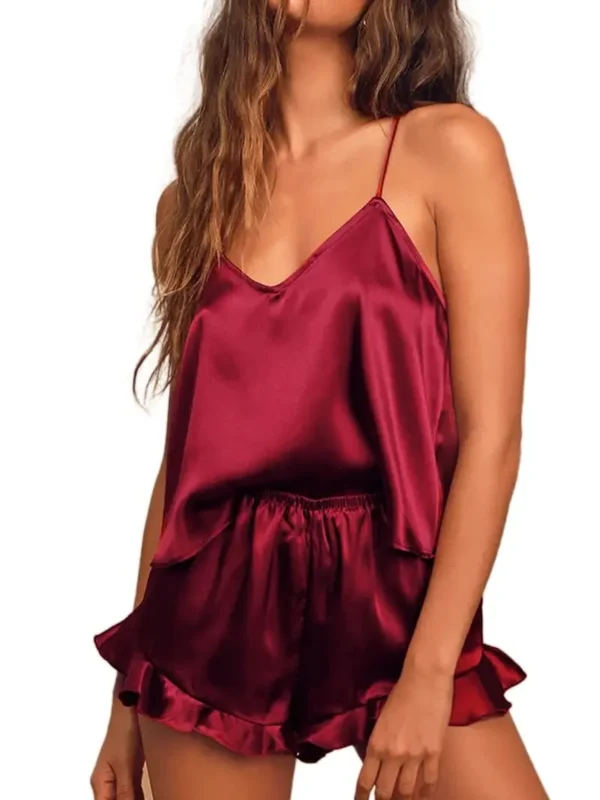 Luxurious Silk Satin Pajama Set - V-Neck Cami & Ruffled Shorts