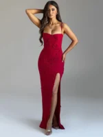 Elegant 3 D Flower Maxi Dress with Thigh Split for Parties - Image 2