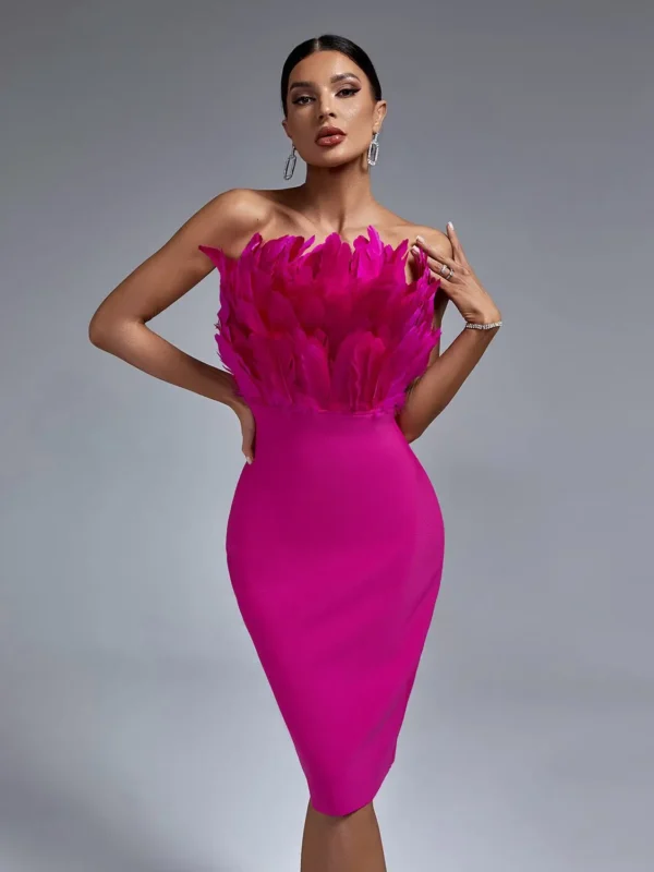 Elegant Pink Bandage Midi Dress with Feather Detail for Parties