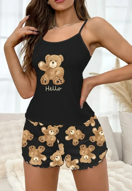 Charming Black Bear Print Pajama Set for Cozy Relaxation