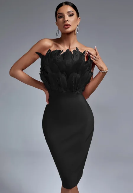 Elegant Black Feather Bandage Dress for Glamorous Events