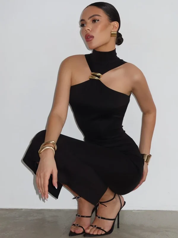 Elegant Black Off-Shoulder Turtleneck Maxi Dress for Summer