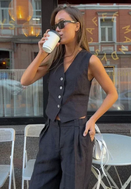 Women's Linen Cotton Wide Leg Vest Pants Set - Office Ready