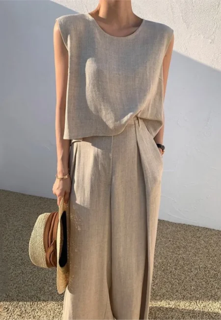 Breathable Cotton Linen Vest & Wide Leg Pants Set - Summer Ready