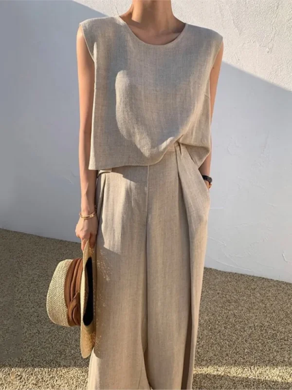 Effortless Cotton Linen Two-Piece Set: Chic Vest & Wide Leg Pants