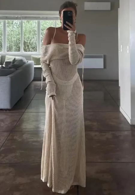 Luxe Knit Beach Cover-Up Dress - Sheer Long Sleeve Resort Wear