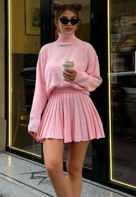 Pink Pleated Turtleneck Mini Skirt Set - Office Ready Style