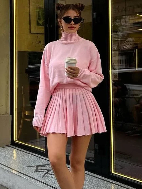 Chic Pleated Sweater Skirt Set for Autumn Elegance