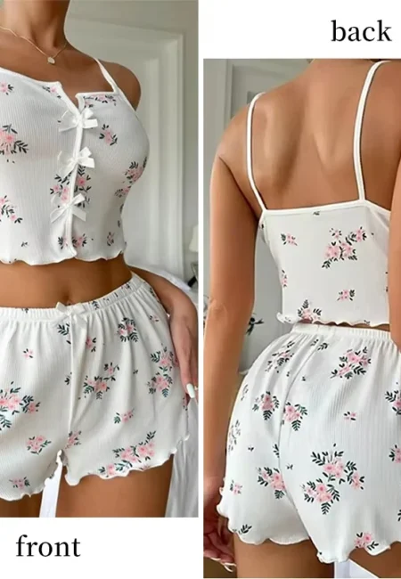 Charming Floral Ribbed Pajama Set - Cami & Shorts Duo
