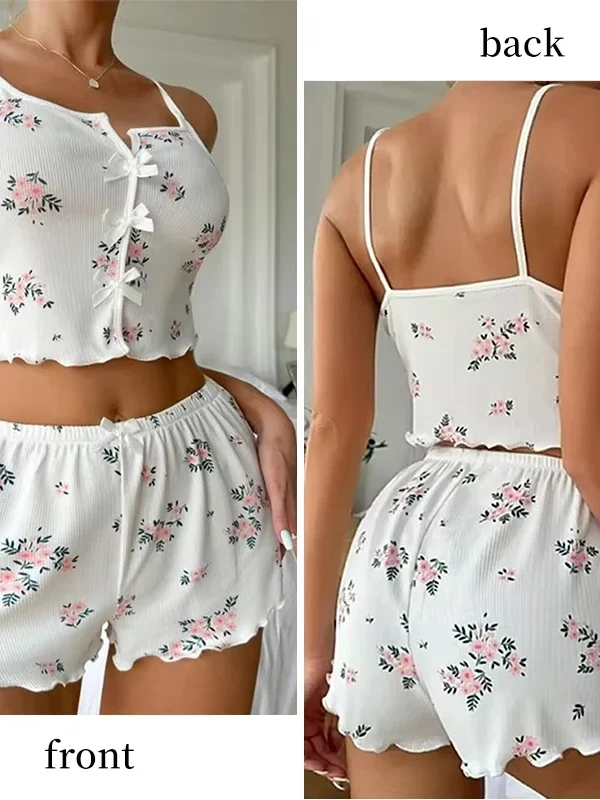 Charming Floral Ribbed Pajama Set - Cami & Shorts Duo