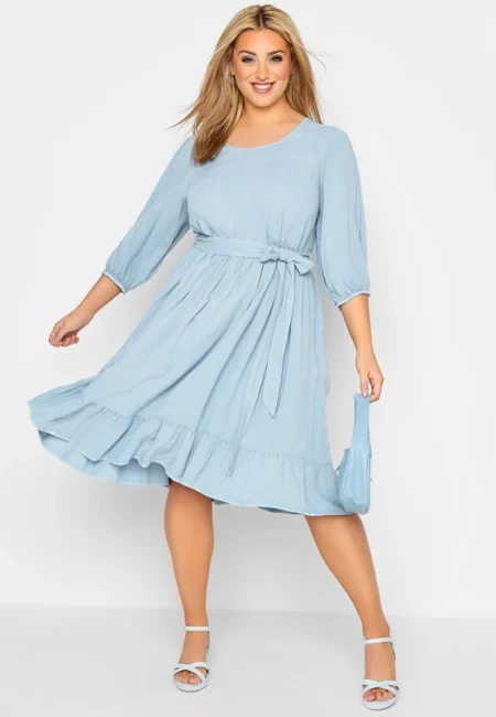 Flattering A-Line Midi Dress with Puff Sleeves & Tie Belt