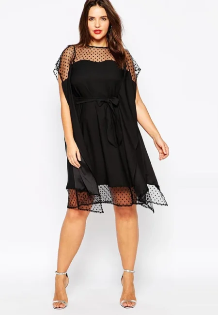Plus Size Elegant Black Dot Mesh Dress for Women, Summer Style
