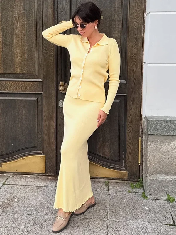 Chic Women's Knitted Sweater Set: Polo Cardigan & Maxi Skirt