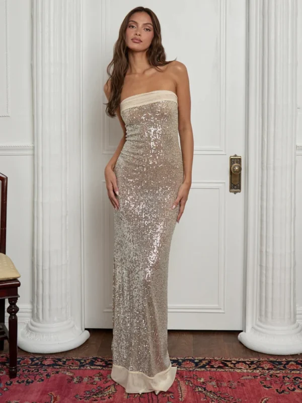 Elegant Sequin Strapless Maxi Dress with High Split for Women