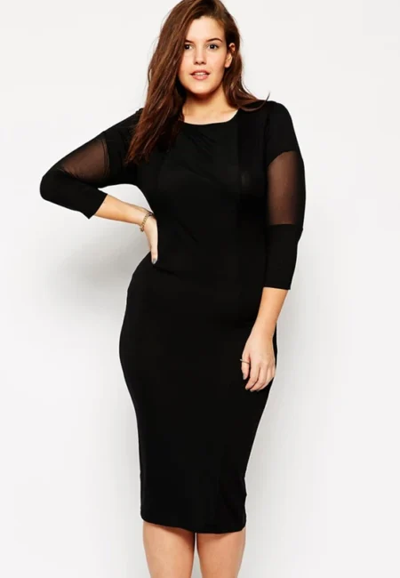 Plus Size Black Bodycon Dress with Mesh Patchwork - Elegant Midi