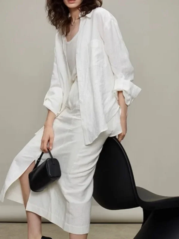 White Linen Shirt, Women's Summer Thin Shirt, Loose, Turn Down Collar, Cotton And Linen, Sun Protection Top