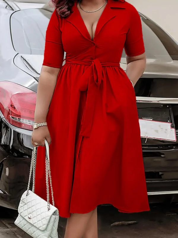 Plus Size A-Line Summer Dress with Turn Down Collar & Belt