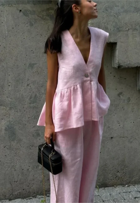 Elegant Pink Cotton Linen Summer Outfit - Ruffled Tank & Wide-Leg Pants