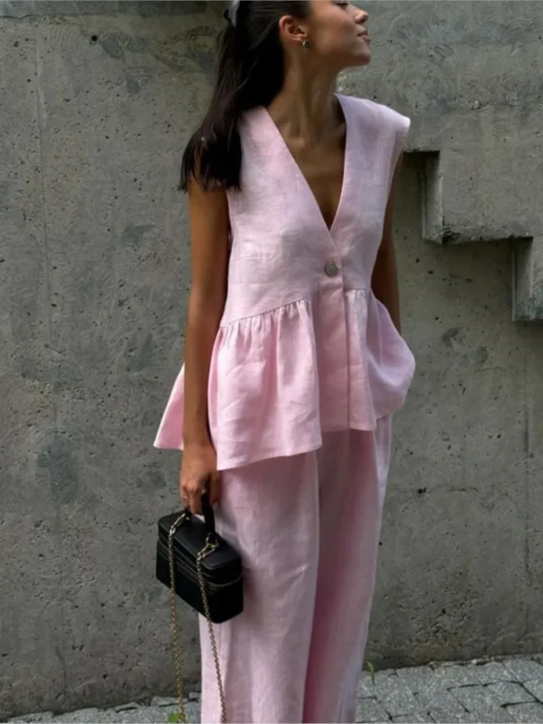 Elegant Pink Cotton Linen Summer Outfit - Ruffled Tank & Wide-Leg Pants