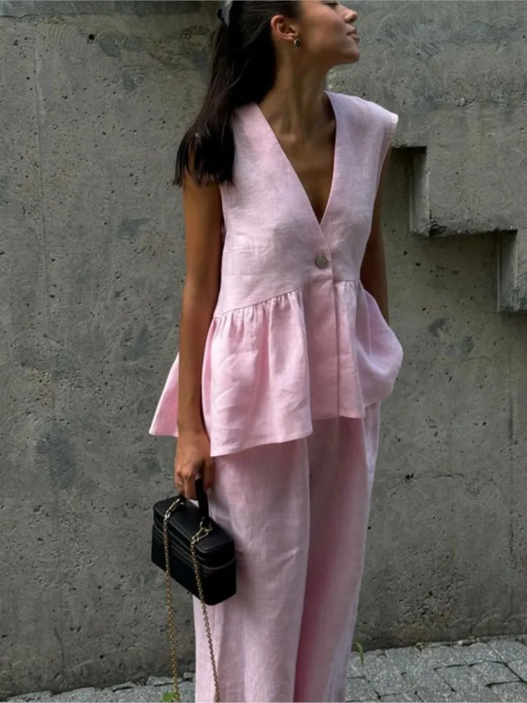 kf-S36769410897544e98c508d70022cb5beW-1 Elegant Pink Cotton Linen Summer Outfit - Ruffled Tank & Wide-Leg Pants