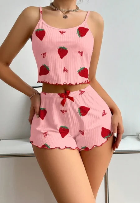 Summer Strawberry Print Ice Silk Camisole Pajama Set for Women