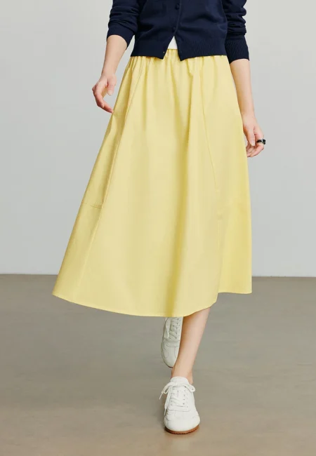 TOYOUTH Women Skirt Autumn New High Waist Pure Cotton Minimalist Umbrella Skirt Lemon Yellow