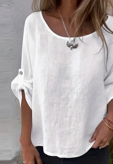 Breezy White Crew Neck Blouse - Flowy Summer Top for Women