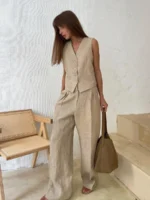 Chic Linen-Cotton Two-Piece Vest & Pants Set for Women - Image 5