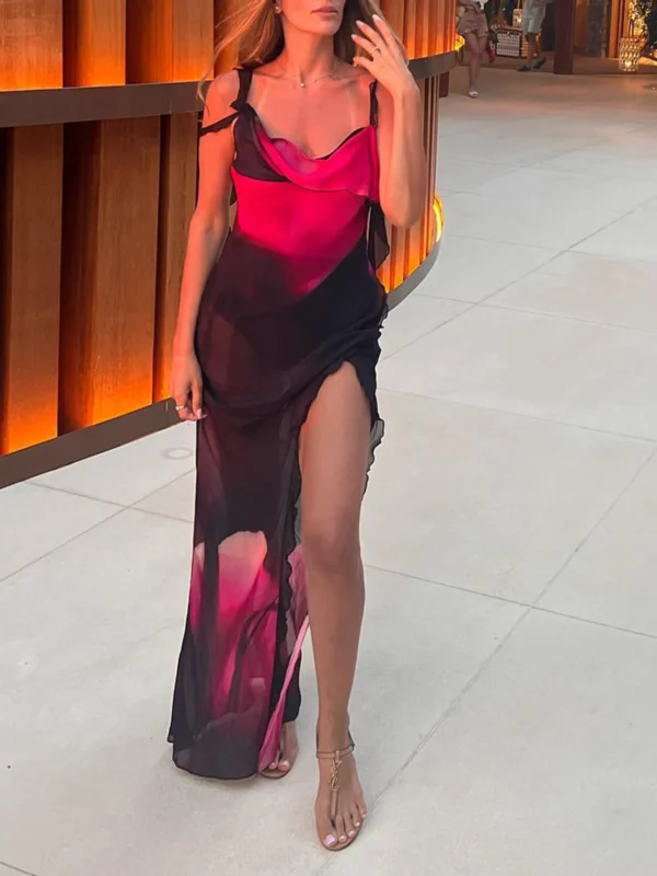 Chic Women's Long Bodycon Beach Dress with Ruffles & Slit