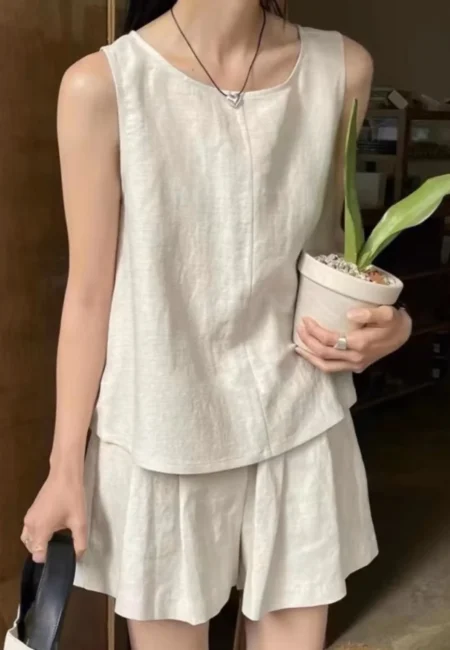 Luxe Cotton Linen Vest & Wide Leg Shorts Summer Ensemble