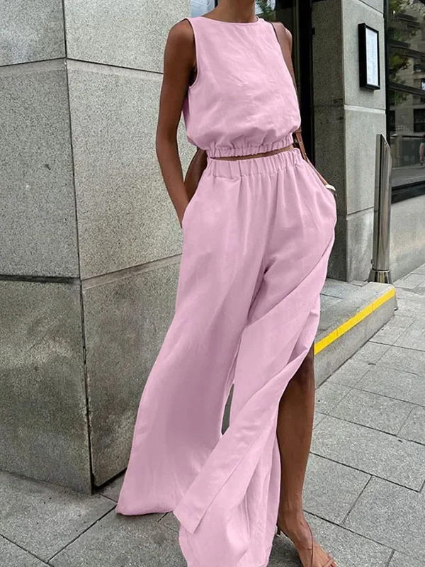 Elegant Cotton-Linen 2-Piece Set: Sleeveless Pullover & Pants