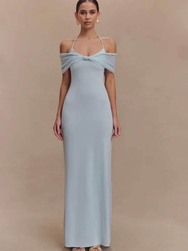 Elegant Blue Off Shoulder Halter Maxi Dress for Summer Soirées